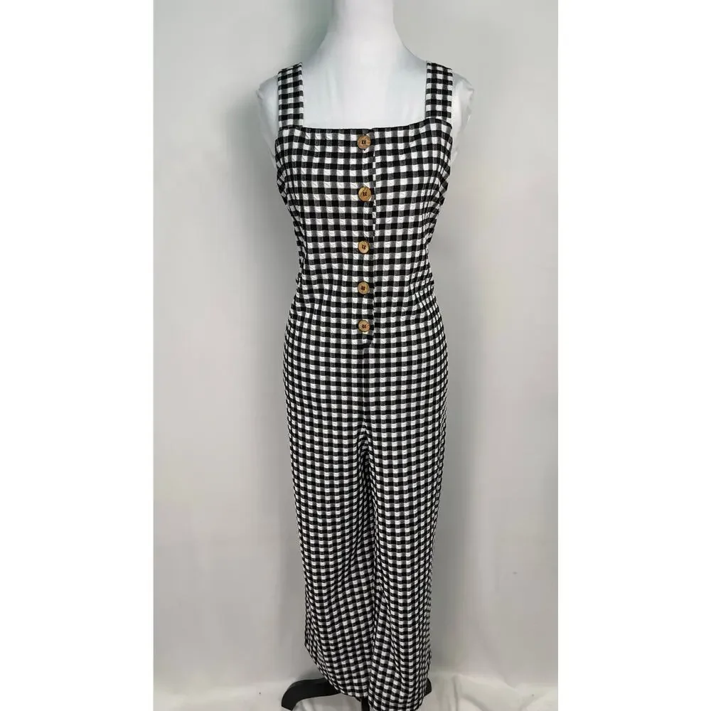 Maeve Anthropologie Black & White Gingham Check Jumpsuit Size M - Picture 1 of 11